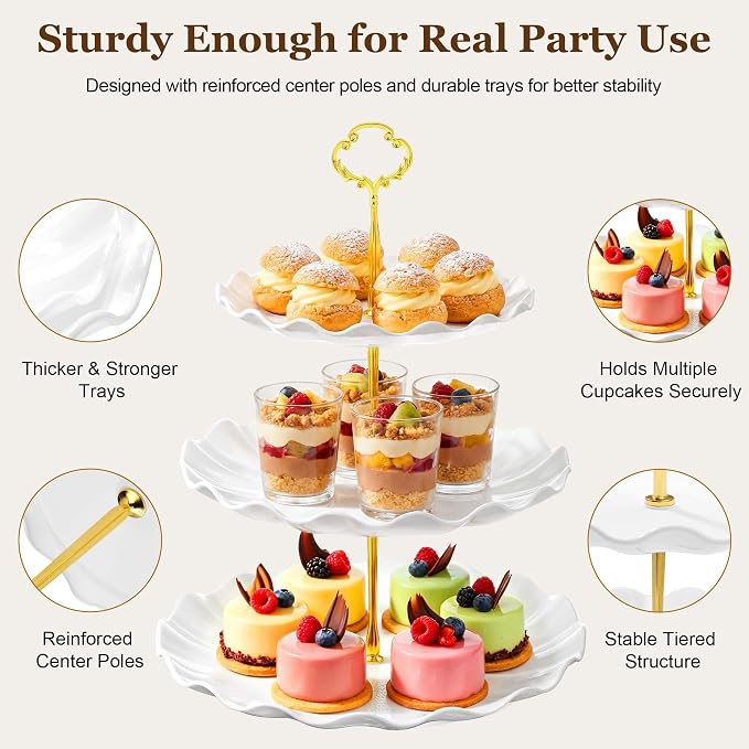 Dessert Table Display Set 13PCS, 3-Tier Cupcake Stand Set with Metal Gold Rods, 3 Round & 3 Square Dessert Stands, 4 Serving Trays & 3 Tongs for Wedding Birthday Baby Shower Party Decor