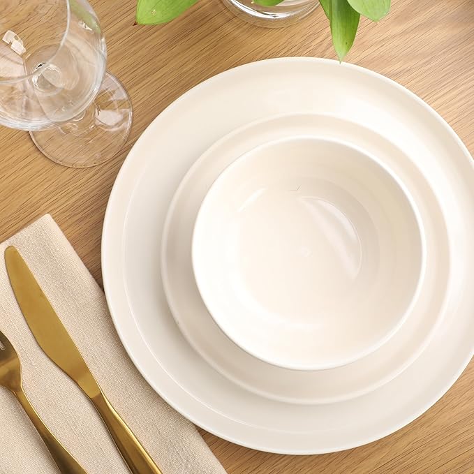 Gibson Home Serenity 16 Piece Modern Porcelain Dinnerware Set for 4, Linen White Plates and Bowls Set, Dinner Plates, Salad Plates, Pasta Bowls, Cereal Bowls