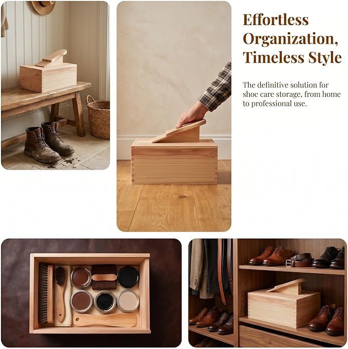 PRETYZOOM Wooden Shoe Shine Valet Box Easy Cleaning Design with Foot Rest and Compartments, Space-saving Organizer Brushes, and Cloths for Shoe Polish for Home and Commercial Use