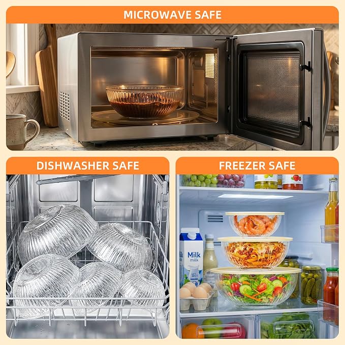 Glass Mixing Bowls with Lids Sets - 6 Packs Size: 5.9-3.7-2.1-1-0.5-0.2QT, Borosilicate Nesting Glass Bowls Containers for Baking,Salad,Meal Prep,Serving,Food Storage,BPA Free & Dishwasher Safe