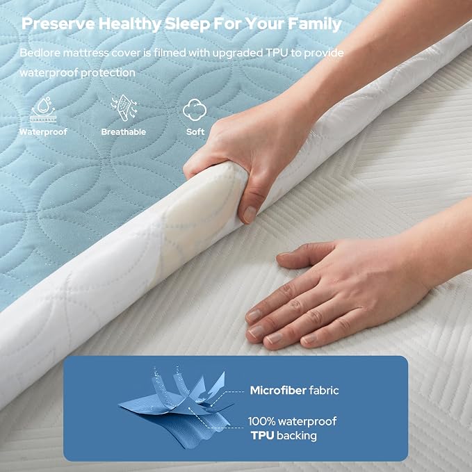 BEDLORE Waterproof Mattress Protector, Twin Size Mattress Pad with Deep Pocket 6"-15" Depth, Soft Breathable Dirt-Proof Single Bed Mattress Cover for Bedroom, Dorm Room (Sky Blue)