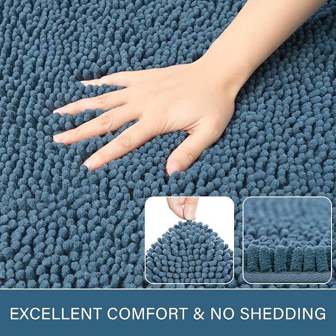 LOCHAS Luxury Bathroom Rug Shaggy Bath Mat 24 x 17 Inch, Denim Blue | Washable Non Slip Bath Rugs for Bathroom Shower, Soft Plush Chenille Absorbent Carpets