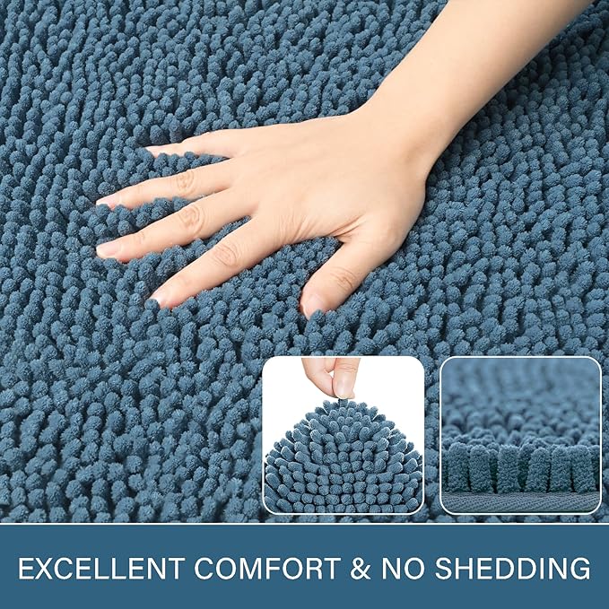 LOCHAS Luxury Bathroom Rug Shaggy Bath Mat 24 x 36 Inch, Denim Blue | Washable Non Slip Bath Rugs for Bathroom Shower, Soft Plush Chenille Absorbent Carpets