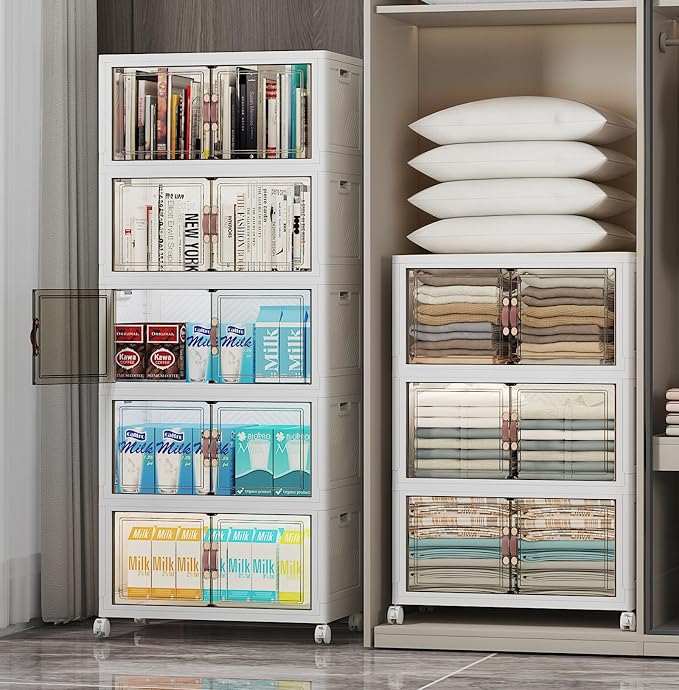 Stackable Storage Bins, 416QT Collapsible Drawers with 2 Lids | Large Capacity, Magnetic Door, Stack Lock, Rolling Wheels, Foldable Design, Organizers and Storage for Bedroom Dorm Garage