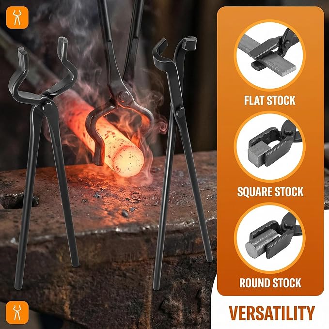Blacksmith Tongs Set 3 Pcs Flat, Wolf Jaw Bolt, Heavy Duty Forged Steel | Heat Treated Forging Tongs for Knife Making & Bladesmithing,Heavy Duty Steel Gripping Tool for Farriers,Welding,Metal Smith