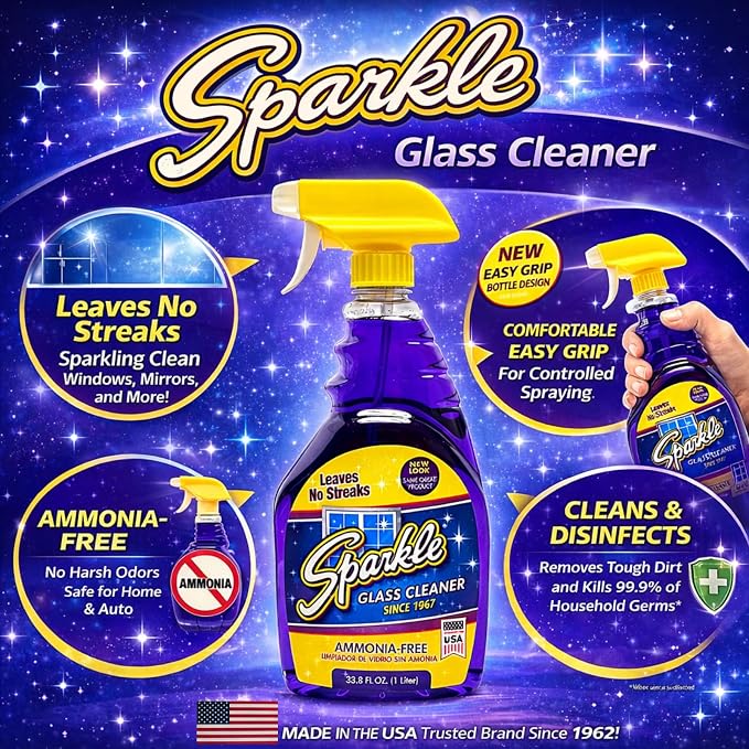 Sparkle Glass Cleaner, Ammonia-Free Streak-Free Formula, 33.8 fl oz Spray Bottle, Safe for Windows, Mirrors & Glass Surfaces (Pack of 4)