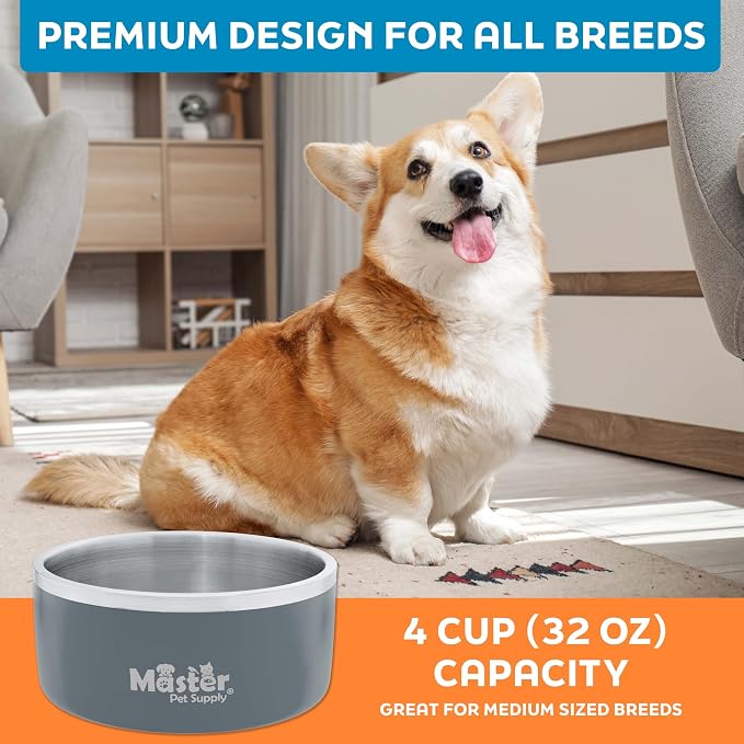 Master Pet Supply Stainless Steel Dog Bowls - 32 oz, Heavy Duty - Graphite, Double Wall Extra-Thick Insulated, Non-Slip Pet Water Bowl for Dogs, Cats & Pets, Anti Rust Metal, Dish Washer Safe