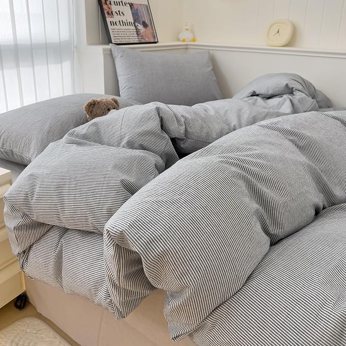 mixinni Grey Striped Duvet Cover Queen Size - 100% Washed Cotton Pinstripe Comforter Cover with Zipper Closure, Lightweight & Breathable, 3 Pieces Minimalist Stripes Pattern Printed Bedding Set
