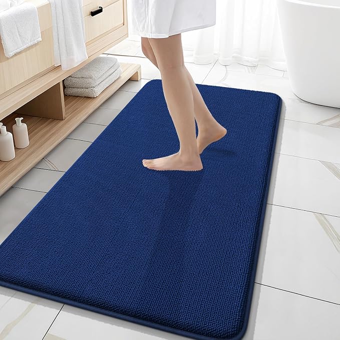 OLANLY Memory Foam Bathroom Runner Rug 47x20, Absorbent Long Bath Mat, Navy | Soft Quick Dry Bath Mat Rugs, Non-Slip, Machine Washable Mat for Bathroom Floor, Tub and Shower, Home Decor Accessories