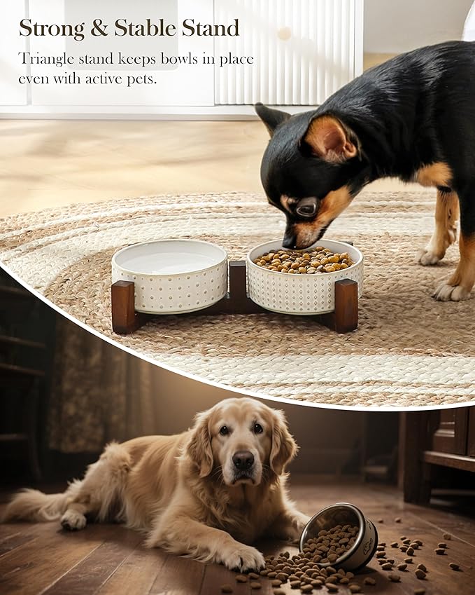 MALACASA Dog Bowl Set, Ceramic Bowls with Walnut Wood Stand, 1.5 Cups | Rhombic and Polka Dot Design, Non-Slip Base, for Cats and Dogs, About 26% Heavier than Similar Ceramic Bowls