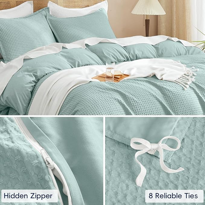 PHF Waffle Weave Duvet Cover Set Queen Size, No Snagging Ultra Soft Luxury Textured Breathable Comforter Cover for All Season 3pcs, Durable Bedding Duvet Set with 2 Pillow Shams, 90"x90",Aqua