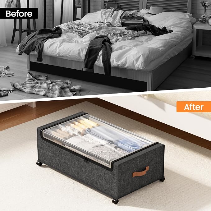 Yecaye 95L Under Bed Storage Containers, Fits 11" Under Bed, 2 Pack, Grey | XXL Capacity, 360° Rolling Wheels, Sturdy Metal Frame, Clear Window & Label, Storage Bins for Clothes, Shoes, Blankets