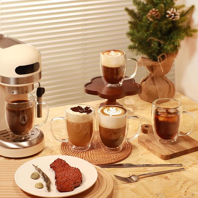 CNGLASS 6 Pack Double Walled Glass Coffee Mugs，12oz Clear Coffee Cups with Handle，Insulated Glass Espresso Mugs for Latte,Cappuccino,Tea