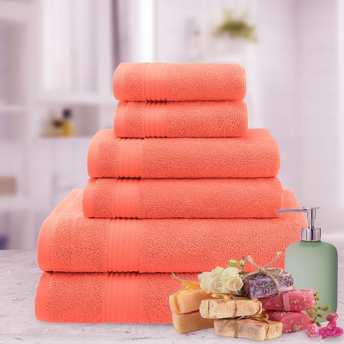 American Veteran Towel, 6 Piece Towel Set for Bathroom, 100% Cotton Turkish Bathroom Towels, 2 Bath Towels 2 Hand Towels 2 Washcloths, Coral