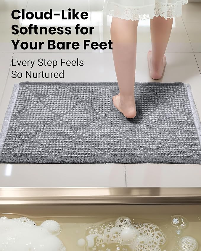 Furicher Waffle Bath Mat Set, Non Slip Bathroom Rugs Sets 2 Piece, Ultra Absorbent Bathroom Runner Rug for Boho Bath Room Decor, Machine Washable Boho Mats, Grey & Light Grey, 20"×47" Plus 18"×30"