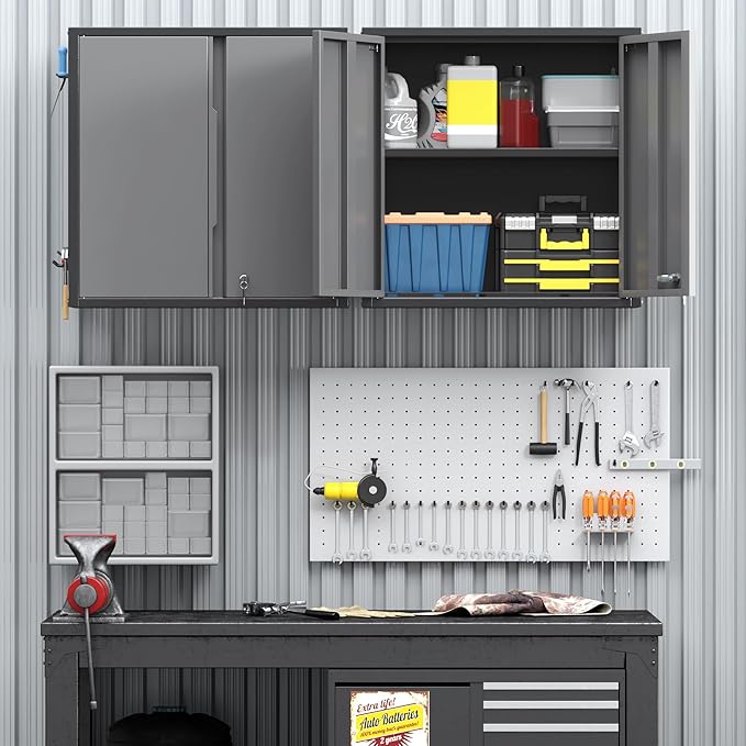 Coolsun Garage Wall Cabinet, 26" H Metal Wall Cabinet with Lockable Doors and Adjustable Shelf, Wall Mounted Metal Storage Cabinets for Garage Assembly Required (26" H Black Gray)