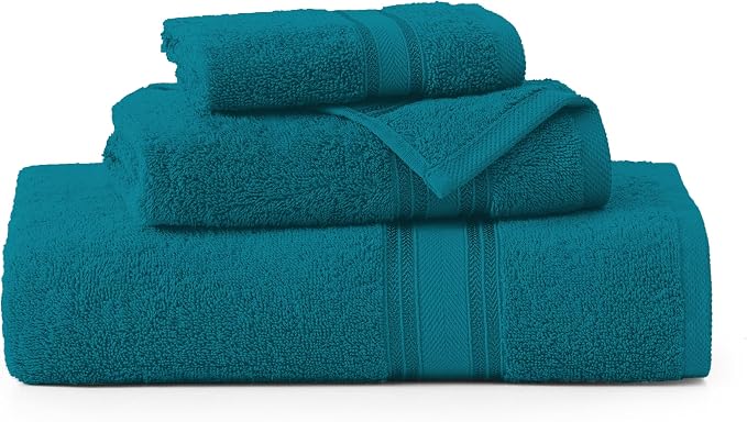 LANE LINEN Bath Towel Set 100% Cotton 3 Piece Soft Absorbent - Sea Port | Cotton Towel Set - Densely Woven, Coordinated Colors, Dobby Border Accent, OEKO-TEX Certified, Zero-Twist Durability