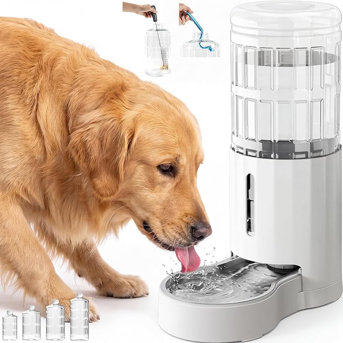 CZPET Dog Water Bowl Dispenser 9.5L, Wider Mouth Gravity Refilling (White) | With Stainless Steel Bowl Gravity Waterer, Large Capacity and Drinking Area Noise-Free for Pets