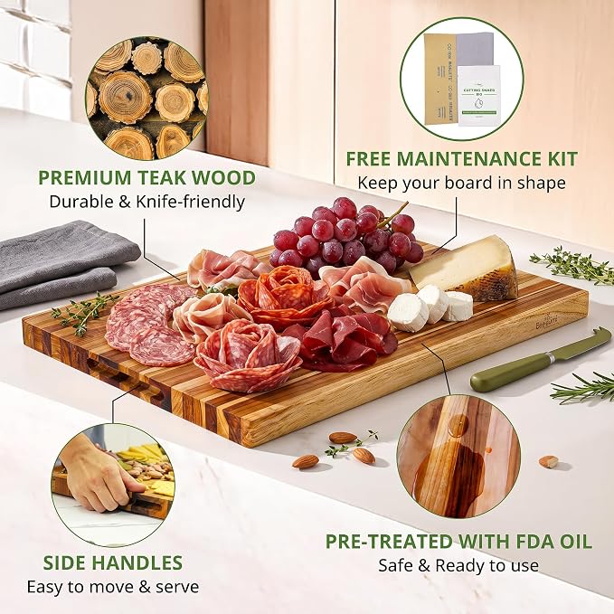 Large Teak Wood Cutting Board with Hand Grip (22x16x1.25", L) | Large wooden cutting boards for kitchen, wood chopping board, butcher block, charcuterie board for serving. Gift box included