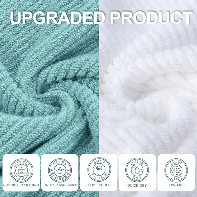VOOVA & MOVAS 6PC Towel Set, 100% Cotton, Aqua Teal White | 2 Large Bath 30x56 In,2 Hand 18x28 In, 2 Washcloths 13x13 In, Soft, Quick Dry, Thick, Bathroom Essentials
