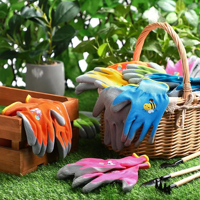 24 Pairs Kids Gardening Gloves Kids Children Yard Grippy Rubber Coated Garden Work Gloves for Girls Boys Outdoor (Medium, Age 6-8)