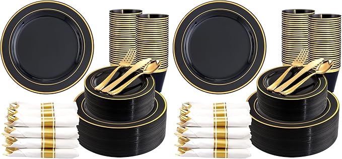 350 Pieces Black and Gold Plastic Plates with Disposable Silverware, Include 50 Dinner Plates 9”, 50 Dessert Plates 6.3”, 50 Black Cups 9 OZ, 50 Pre Rolled Napkins for New Year (Pack of 2)