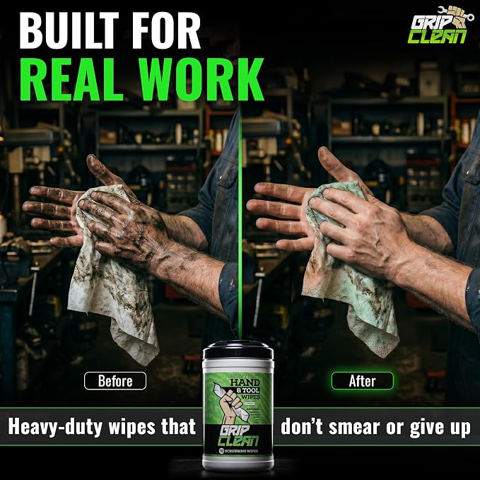 Grip Clean Heavy Duty Hand & Tool Cleaning Wipes – Waterless Hand Cleaner for Mechanics, Garage & Shop Use – Dual-Sided Grease, Oil & Paint Remover Wipes with Citrus Scent - 72ct