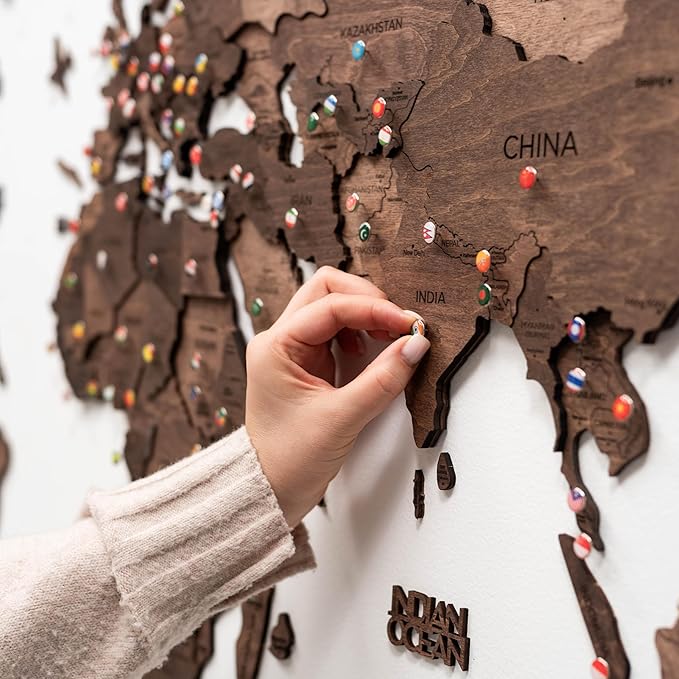 ENJOY THE WOOD 3D Wood World Map Wall Art Large Wall Décor - World Travel Map - Any Occasion Gift Idea - Art for Home & Kitchen or Office (2XL, Dark Walnut)