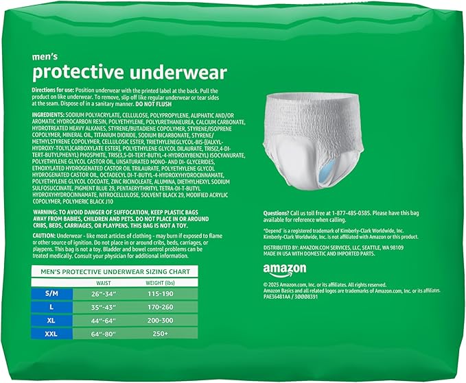 Amazon Basics Maximum Absorbency Incontinence Underwear for Men with Leak Protection and Odor Control, Large, 54 Count (3 Packs of 18)