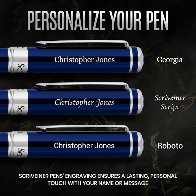 Scriveiner Personalized Midnight Blue Rollerball Pen - Stunning Blue Lacquer Luxury Pen, Chrome Finish, Schmidt Ink Refill, Best Engraved Roller Ball Gift Set for Men & Women, Custom Name Engraving