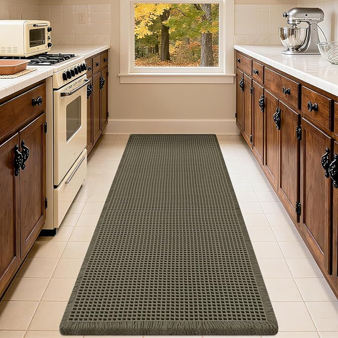 IM HOME Waffle Runner Rug Olive Green 6'x2', Boho Woven Modern Bath Mat Rugs, Absorbent Non Slip Bathroom Rugs, Soft Washable Bath Rugs with Tassels for Bathroom, Bedroom, Kitchen, Shower, Tub