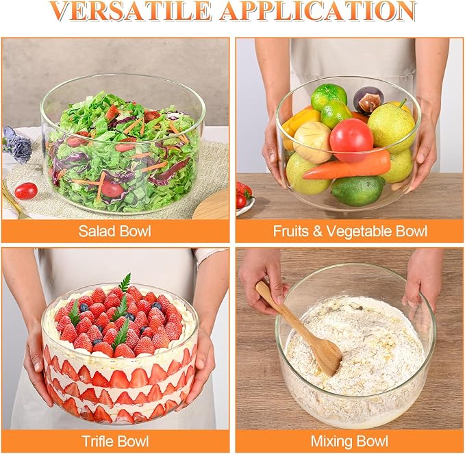 LOVYANXUE 9 inch Large Salad and Trifle Bowl Glass with Lid, 155 oz Versatile Mixing and Serving Dish for Fruit, Laying Ice Cream, Cake, Cupcake, Baking, and Dessert, Microwave Safe