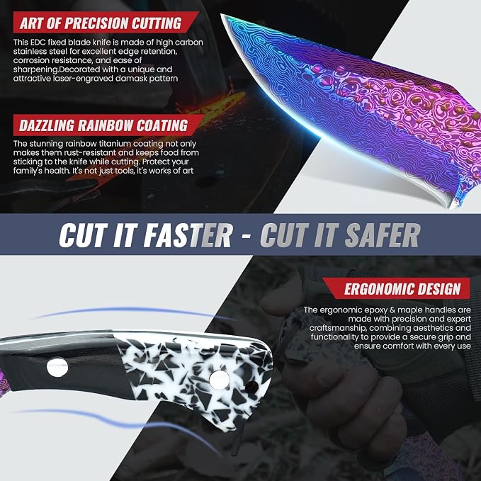 Premium Hunting Knife with Leather Sheath, 4.2" Damascus Style Fixed Blade Knife, Rainbow Titanium Coated German High Carbon Steel, Two-Tone Wood Handle,Unique Outdoor EDC Knife Gift for Men and Women (Dazzling colors)