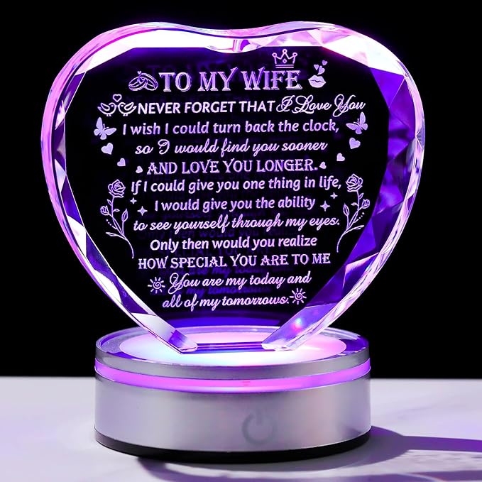 Gifts for Wife - Crystal Keepsakes Wife Gifts from Husband with Colorful LED Base Best Christmas Birthday Gifts for Wife Romantic Anniversary Wedding Gifts to My Wife Valentine Mother's Day Gift Ideas