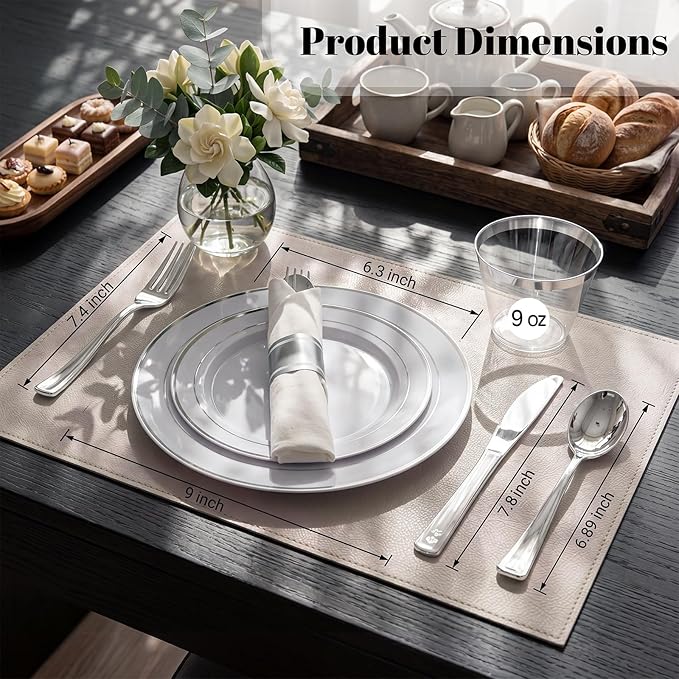 WDF Partyware 350Piece Silver Plastic Dinnerware Set for 50 Guests - Silver Plastic Plates with Cutlery Include:50Dinner Plates-50Dessert Plates-50Pre Rolled Napkins with Silverware Party Wedding