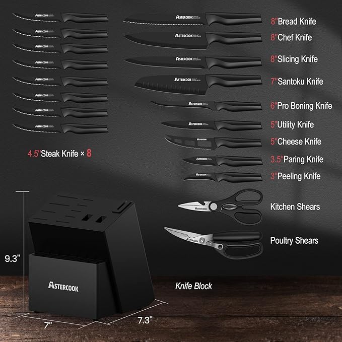 Knife Set, Astercook 21 Pieces Knife Sets for Kitchen with Block, Dishwasher Safe Kitchen Knife Set with Built-in Sharpener, German Stainless Steel Black Knife Block Set, Fathers Day Gift for Men