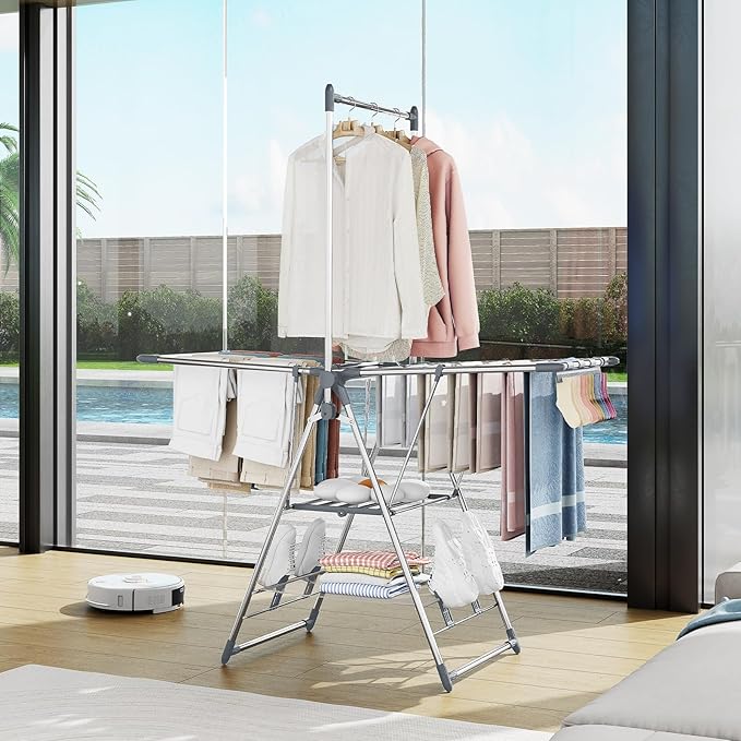 APEXCHASER Clothes Drying Rack with High Hanger, Foldable 3-Level Drying Racks with Shoe Rack, Crossbar and Vertical Rod Laundry Stand with Adjustable Wings Grey