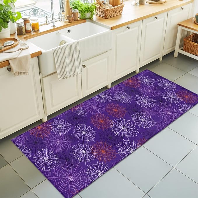 Hallway Runner Rug 2'x6', Purple Halloween Washable Bathroom Area Rugs for Kitchen Bedroom Laundry, Red Black White Net Halloween Non Slip Door Mat Indoor Entrance Floor Throw Bedsides Carpet