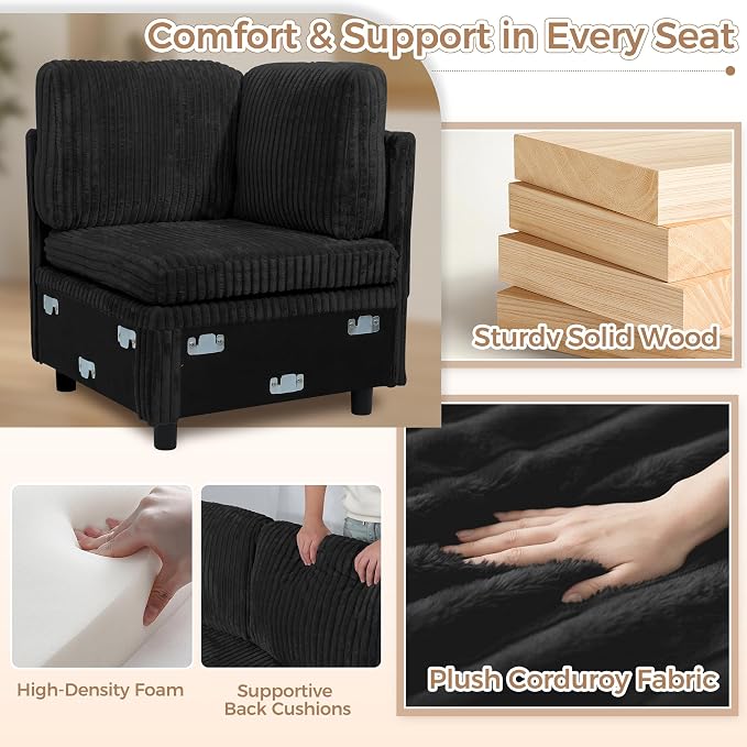 U-Shaped Couch with Pull-Out Bed. Sectional Sleeper Sofa, Black | Hidden Storage, USB & Type-C Port, Cup Holders, Cloud Corduroy, Modular Design for Living Room, Apartment, Easy Assembly