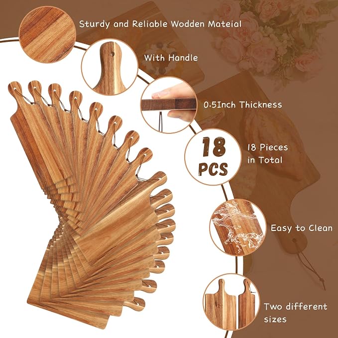 18 Pcs Wood Cutting Board Set with Handle, Bulk Chopping Serving Boards 16x10 & 16x5 Inch, Charcuterie Boards for Laser Engraving, Wedding Housewarming Gift, Kitchen Supplies (Acacia)