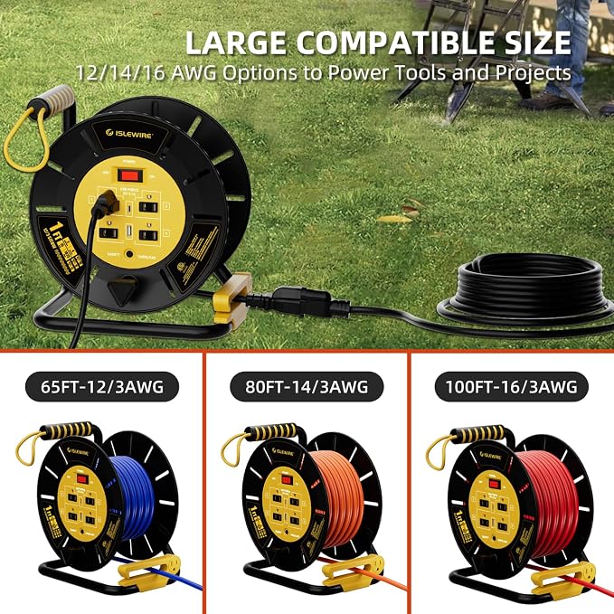 Extension Cord Storage Reel with 4-Grounded Outlets & 2 USB Ports, Heavy Duty Open Cord Reel for 12/3,14/3,16/3 Gauge Power Cord, Hand Wind Retractable, 15A Circuit Breaker, ETL Listed, Yellow
