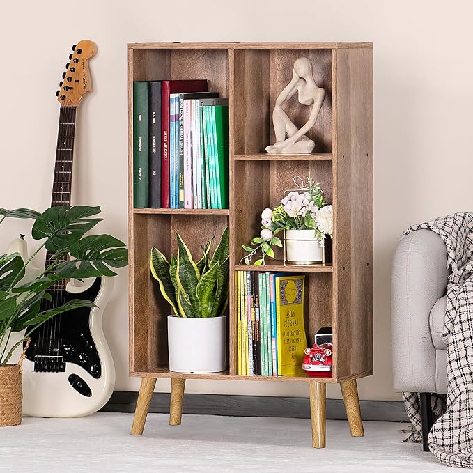 LEYAOYAO 5 Cube Bookshelf, Mid-Century Modern Book Shelf with Legs, Oak | 3 Tier Bookcase, Rustic Wood Bookshelves Freestanding Small Storage Organizer, Open Shelves for Bedroom, Living Room, Office
