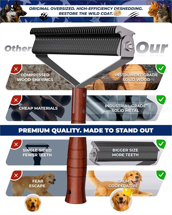Over-Sized 2-Sided Dog Brush For Shedding Undercoat Rake for Dogs & Cats & Horses, Remove Mats, Dematting Comb,Gentle Grooming Brush for German Shepherds Medium to Long-Haired Pets(African Padauk)