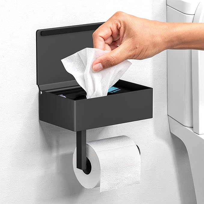 Day Moon™ - Toilet Paper Holder with Shelf - Modern Roll Holder for Bathroom - 1 Pack - Wall Mount - with Storage, Black