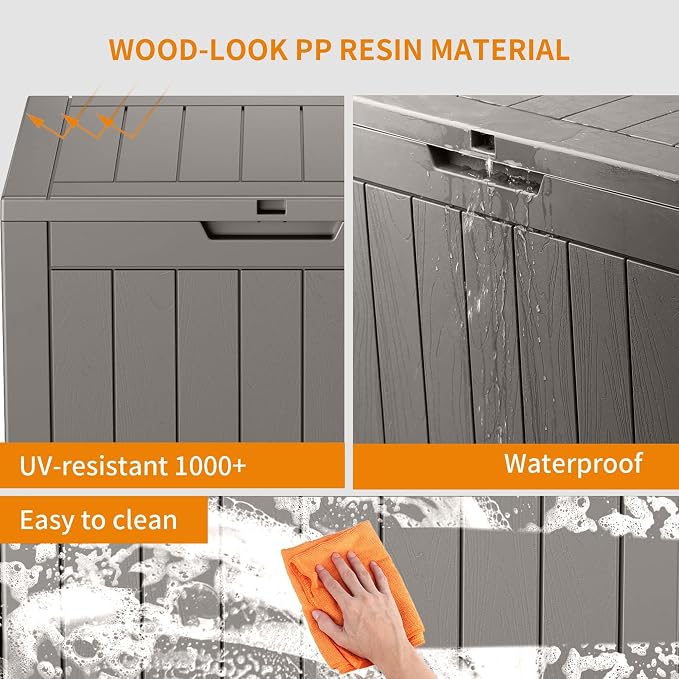 DRATO 35 Gallon Outdoor Storage Box Waterproof, Lockable Resin Deck Box for Patio Furniture, Pool Supplies & Garden Tools, Weatherproof Outside Storage Bin for Backyard Porch (Grey, 35 Gallon)