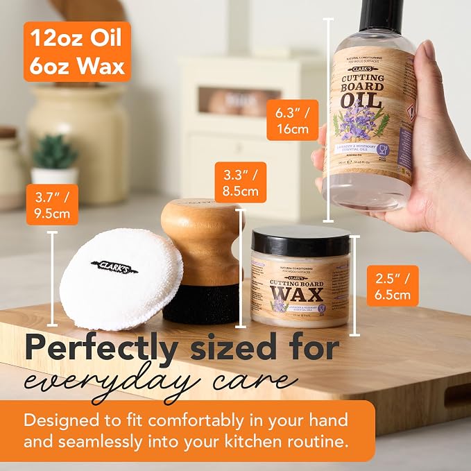 CLARK'S Food Grade Cutting Board Full Care Kit, Rosemary Scent - 4 Pack | Includes Food Grade Mineral Oil, Cutting Board Wax, Oil & Wax Applicators, Buffing Pads - Restores & Protects