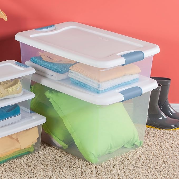 Sterilite 24-Pack Latching Box, Clear Plastic Under Bed Storage Bins with Lids, 32 Quart - Large Stackable Tote Organizer Containers for Closet, Bedroom, Bathroom, and Office Organization