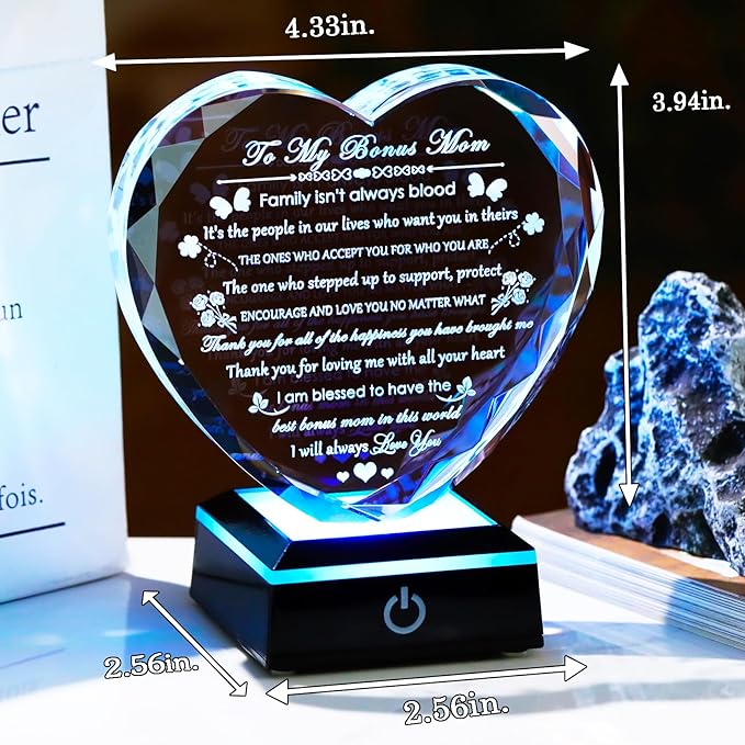 Arikyrist Bonus Mom Gifts with Colorful LED Base Crystal Heart Mothers Day Birthday Gifts for Stepmother Bonus Mom from Bonus Daughter Son Gift for Stepmom Mother in Law on Christmas Valentines
