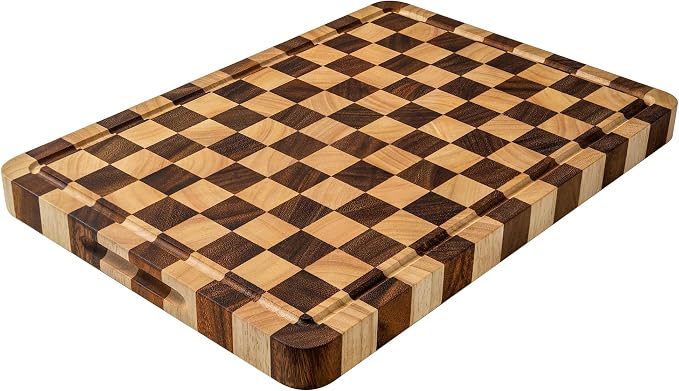 Wooden Cutting Boards for Kitchen, 1.2" Checkered Cutting Board | 17" x 12" Walnut Chopping Board with Juice Grooves & Handles, Double-sided Butcher Block for Prep & Serving with Gift Box