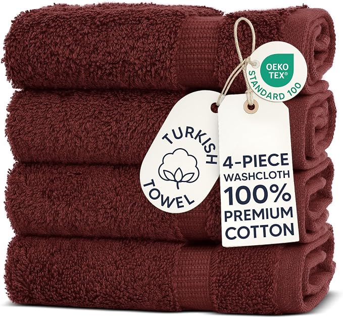 Chakir Turkish Linens 4 Piece Washcloth Set, 100% Cotton Luxury Turkish Washcloths for Bathroom, Soft Absorbent Washcloths, 13 x 13 Inches, Cranberry